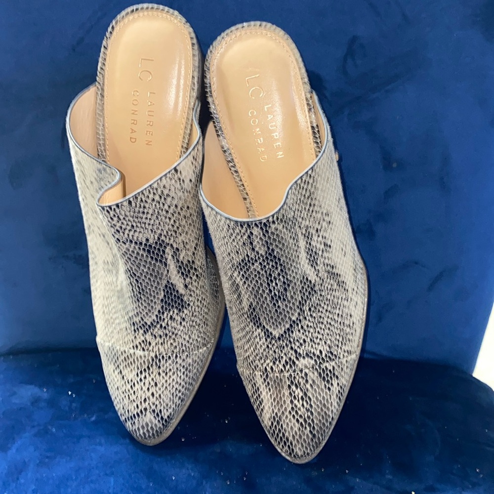 LC Lauren Conrad snakeskin mules.  Chunky heel.  Size is 8.5